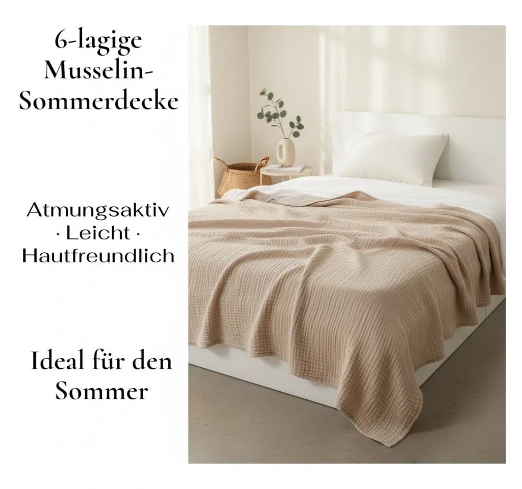 JASLIFE Musselin Wohndecke 100% Baumwolle Beige Sommerdecke - Bild 4