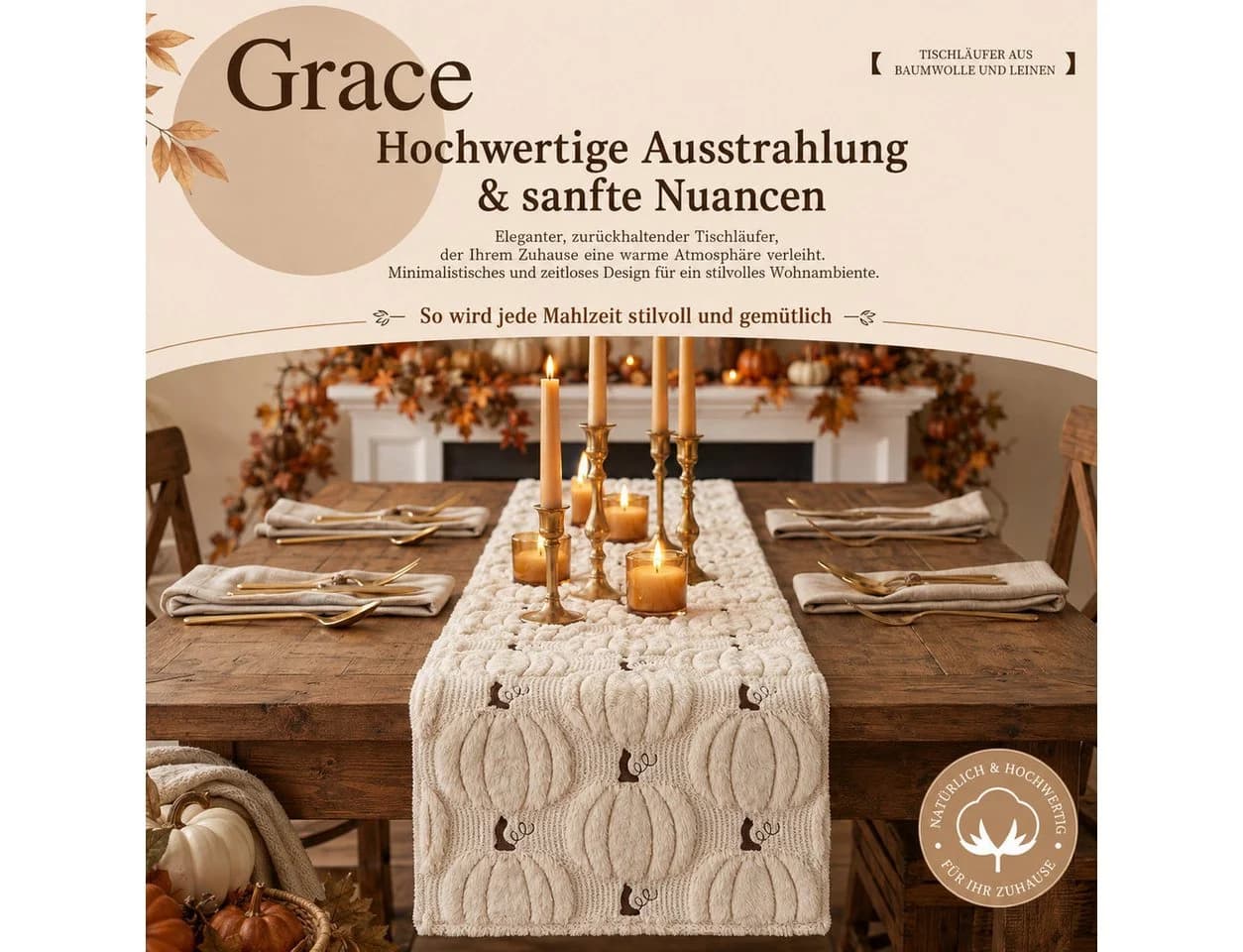 JASLIFE Tischläufer Herbst 3D-Kürbis Beige/Karamell Plüschdeko - Bild 5