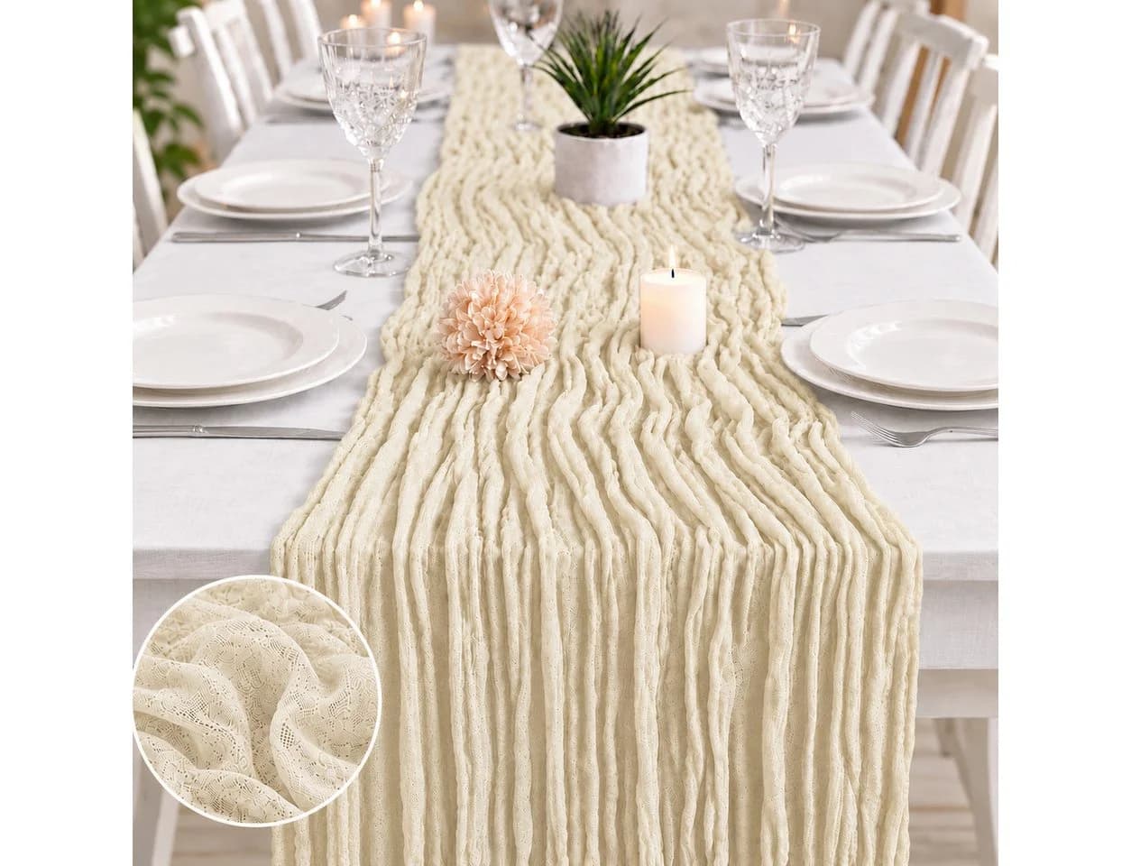 JASLIFE Tischläufer Käsetuch Gaze 10-tlg. Elfenbeinweiß Boho - Bild 2