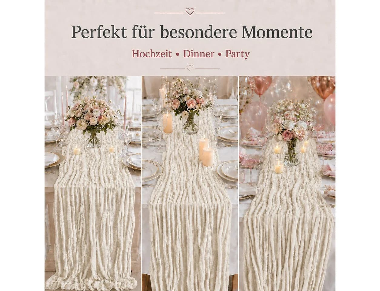 JASLIFE Tischläufer Käsetuch Gaze 10-tlg. Elfenbeinweiß Boho - Bild 4