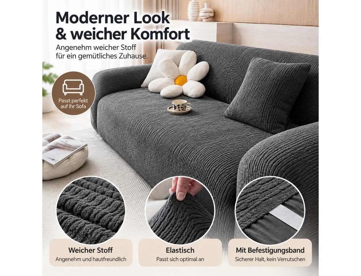 JASLIFE Sofahusse Stretch-Wellenstruktur Grau
