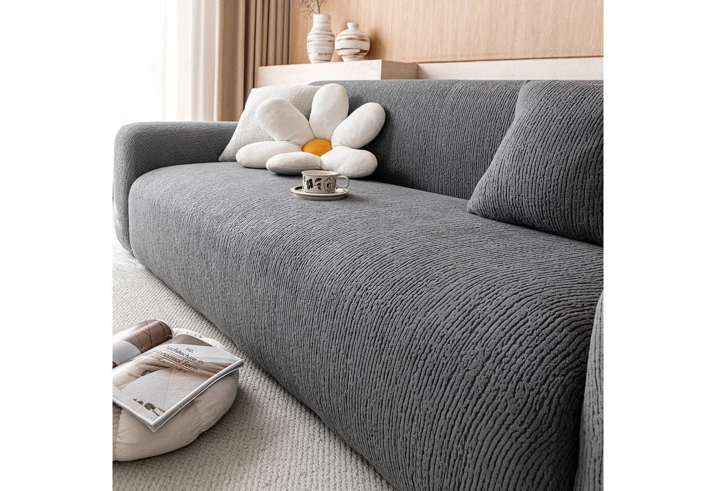 JASLIFE Sofahusse Stretch-Wellenstruktur Grau - Bild 2