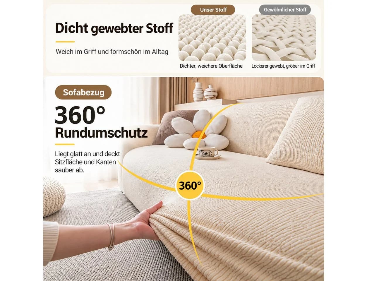 JASLIFE Sofahusse Stretch Beige Wellenstruktur mit Befestigungsband