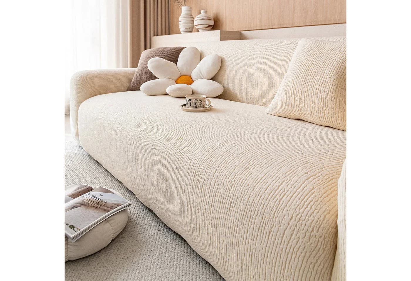 JASLIFE Sofahusse Stretch Beige Wellenstruktur mit Befestigungsband - Bild 2