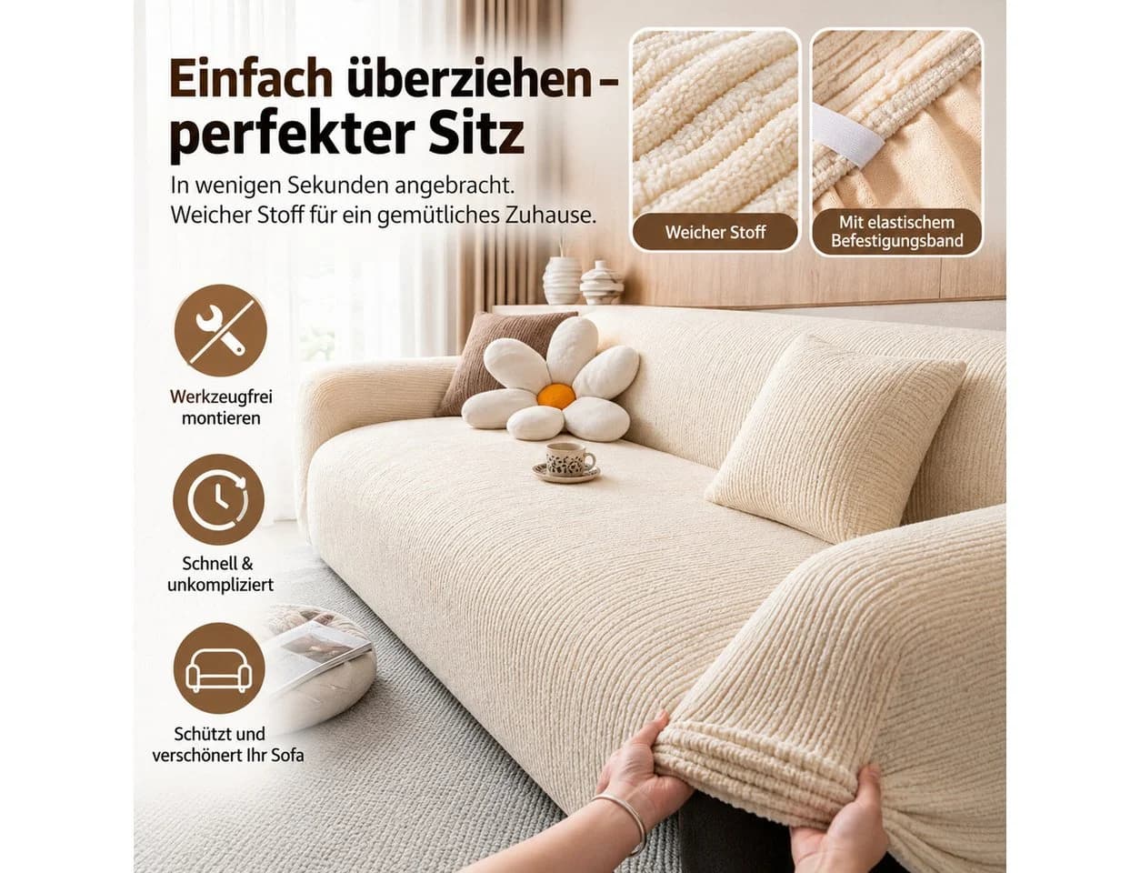 JASLIFE Sofahusse Stretch Beige Wellenstruktur mit Befestigungsband - Bild 5