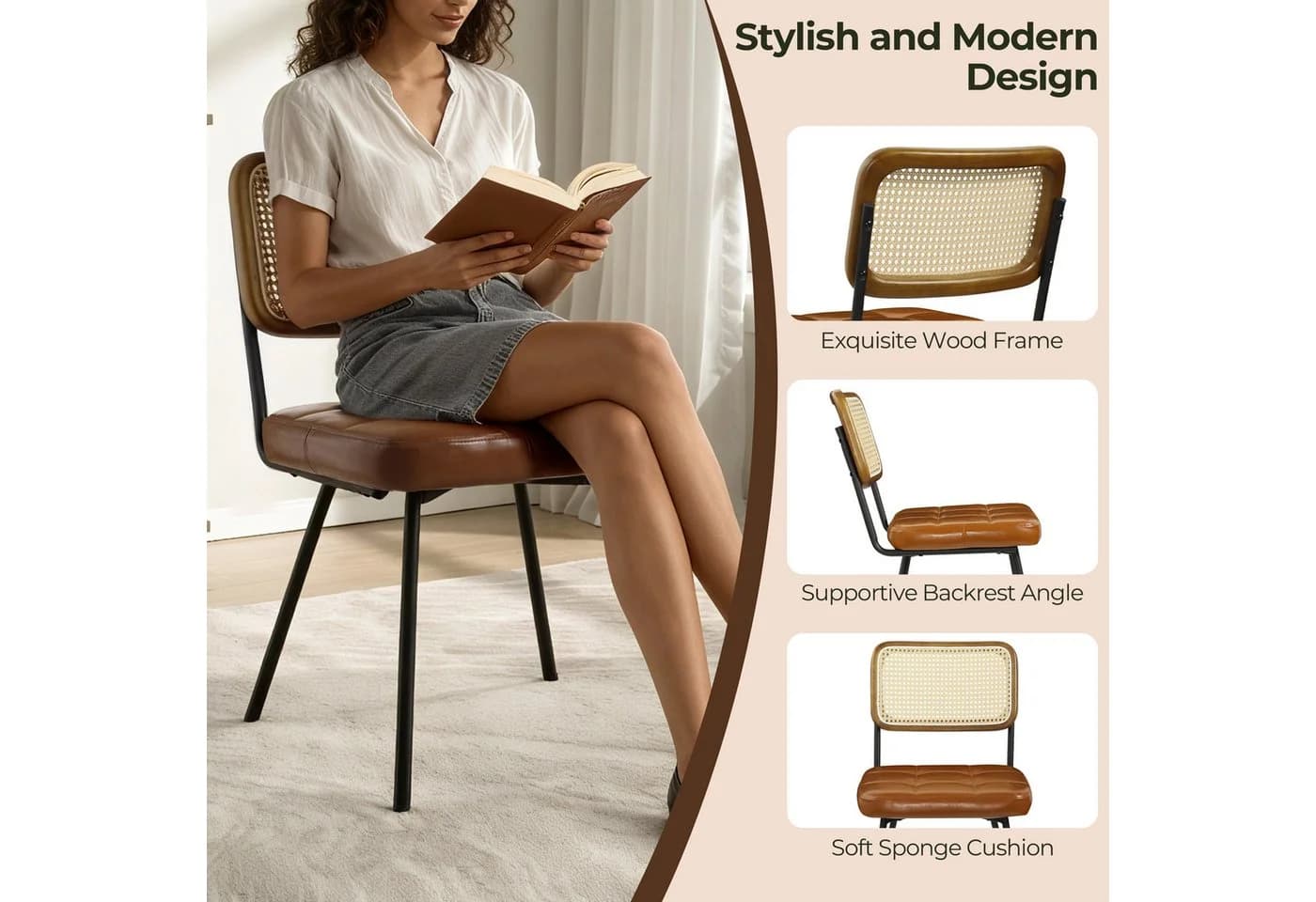 Art Leon Esszimmerstuhl CC061-New Rattan Mid-Century Modern Grün/Beige/Gelbbraun