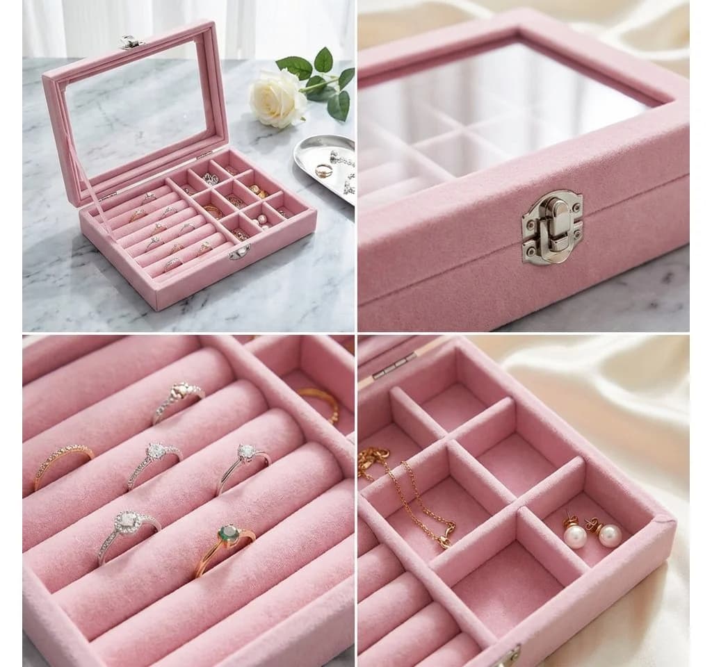 HoyoLee Schmuckkasten Rosa Samt-Juwelenaufbewahrungsbox mit Transparentem Deckel