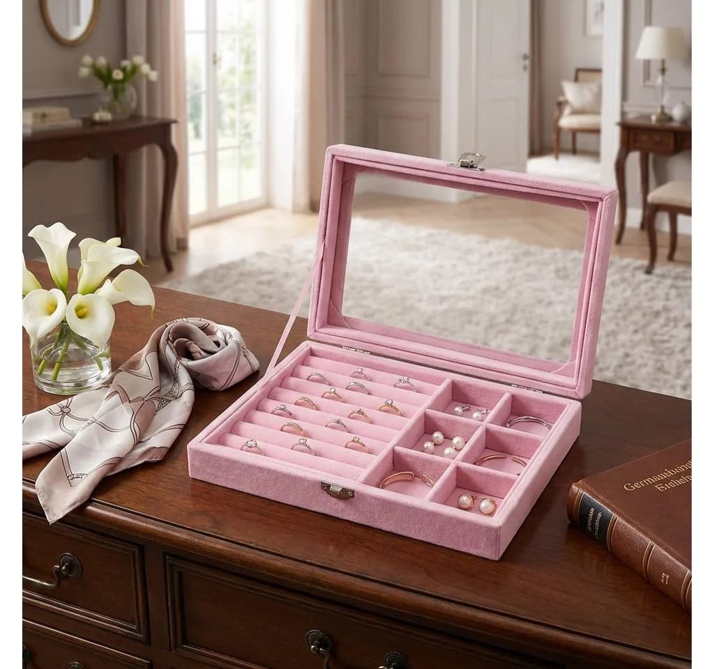 HoyoLee Schmuckkasten Rosa Samt-Juwelenaufbewahrungsbox mit Transparentem Deckel - Bild 2