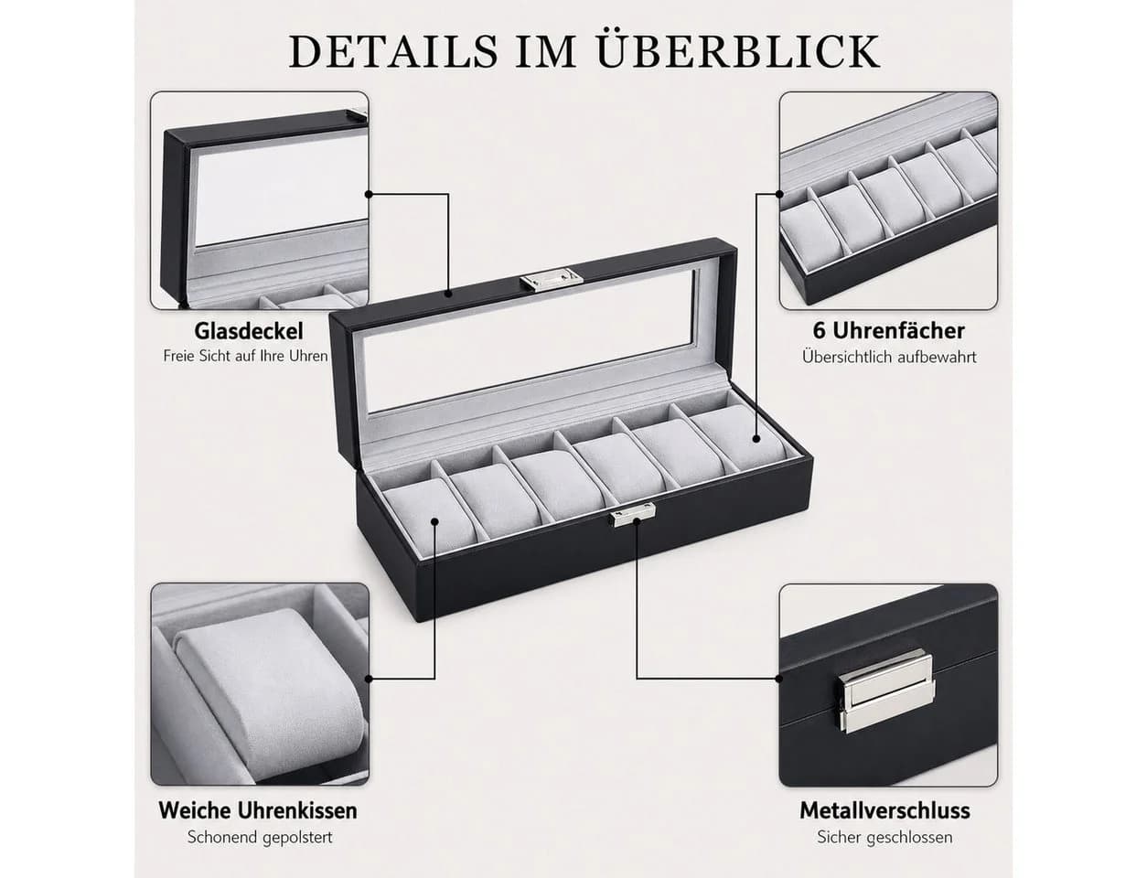HoyoLee Uhrenbox für 6 Uhren mit Sichtfenster aus PU-Leder Schwarz - Bild 3