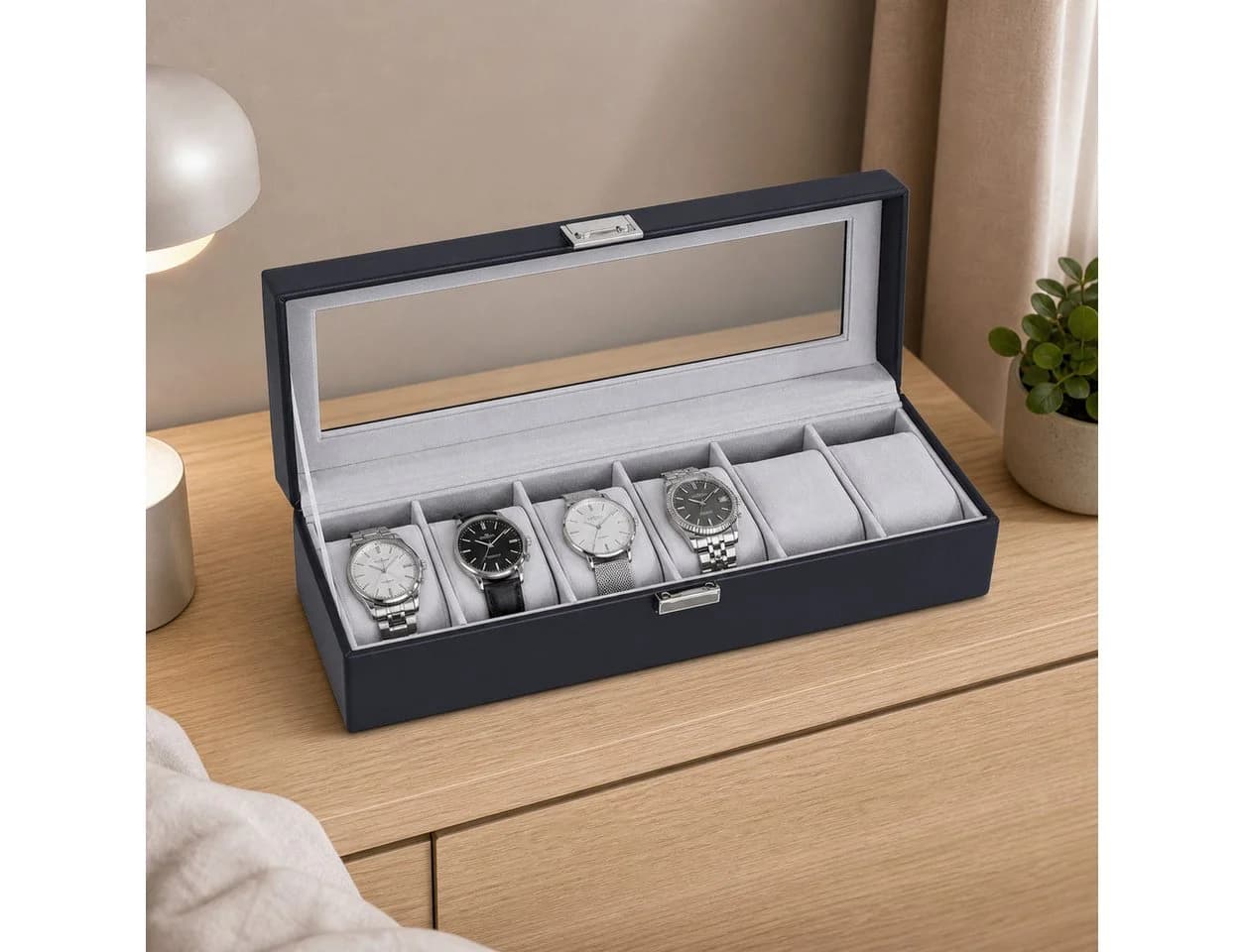 HoyoLee Uhrenbox für 6 Uhren mit Sichtfenster aus PU-Leder Schwarz - Bild 5