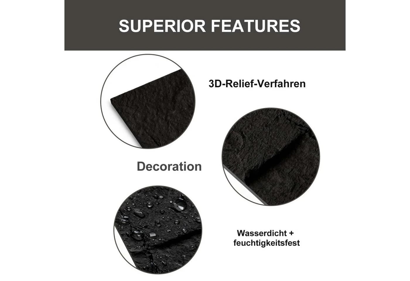 mepiq Wandpaneel Steinoptik Schwarz PU 120x60 cm - Bild 5