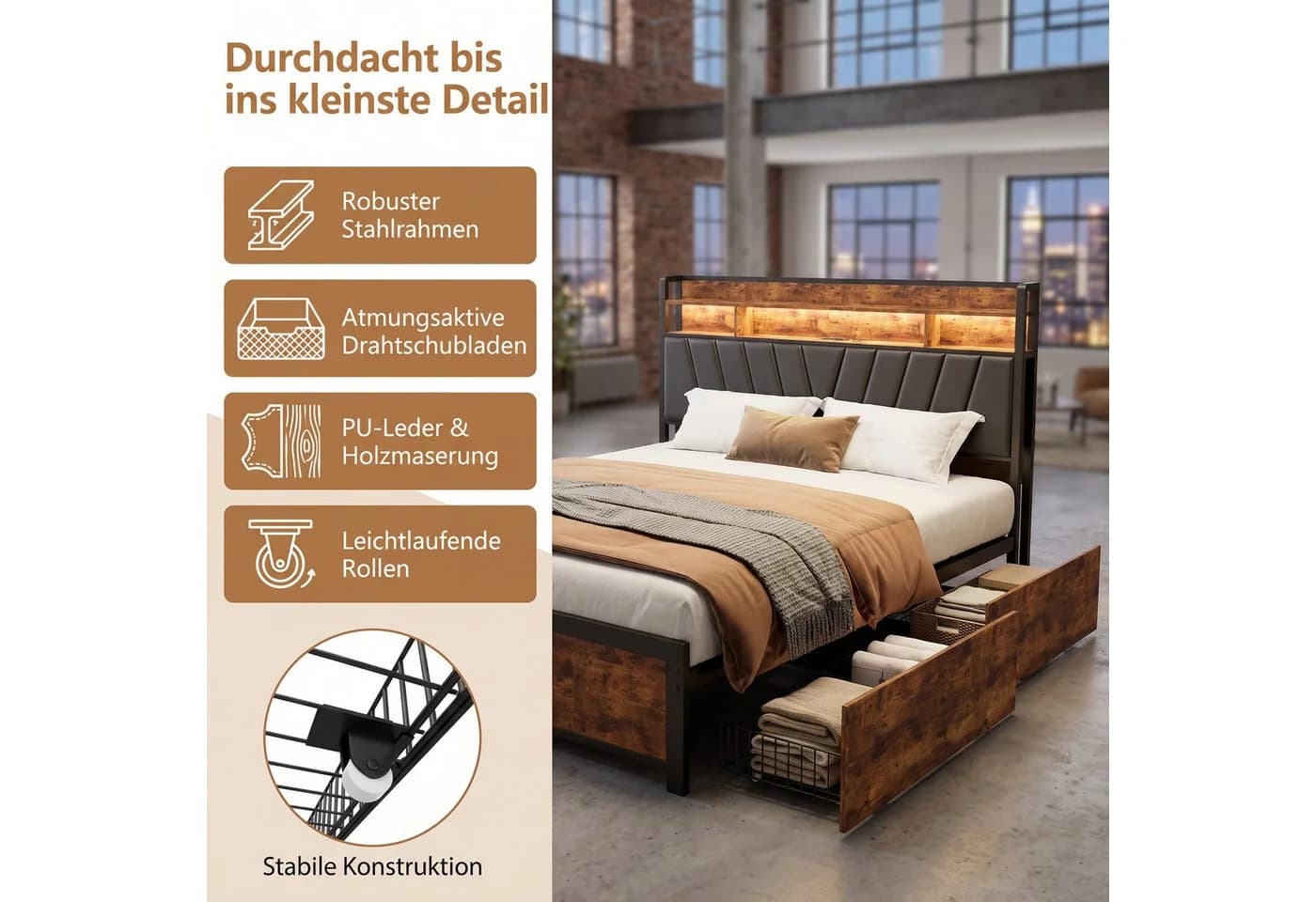 Simurq Polsterbett 140x200 mit Stauraum, LED & USB - Bild 3