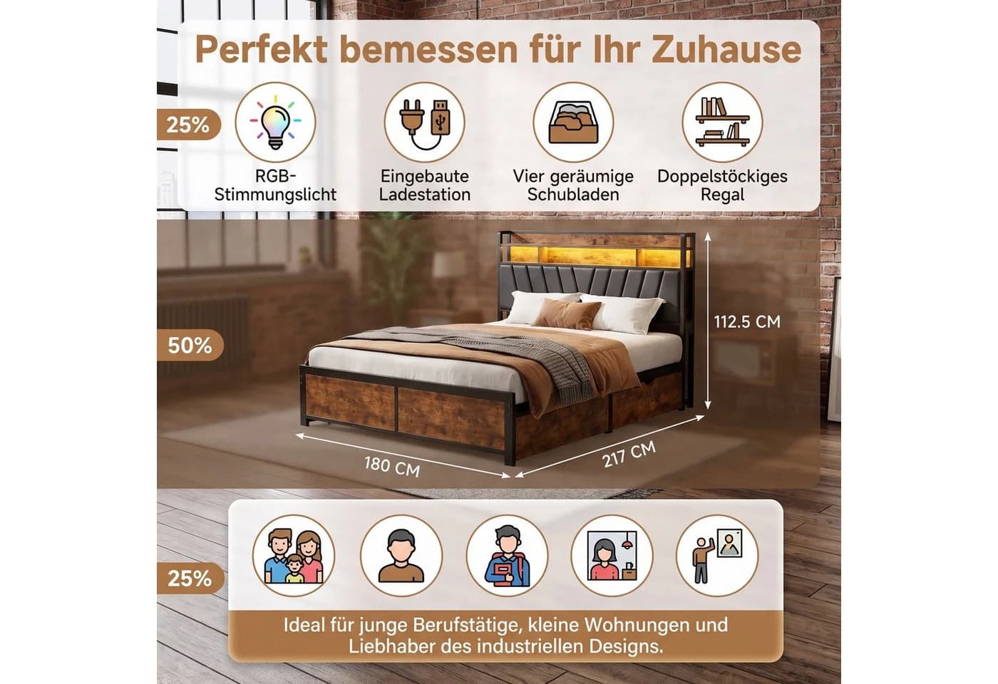 Simurq Polsterbett 140x200 mit Stauraum, LED & USB - Bild 4