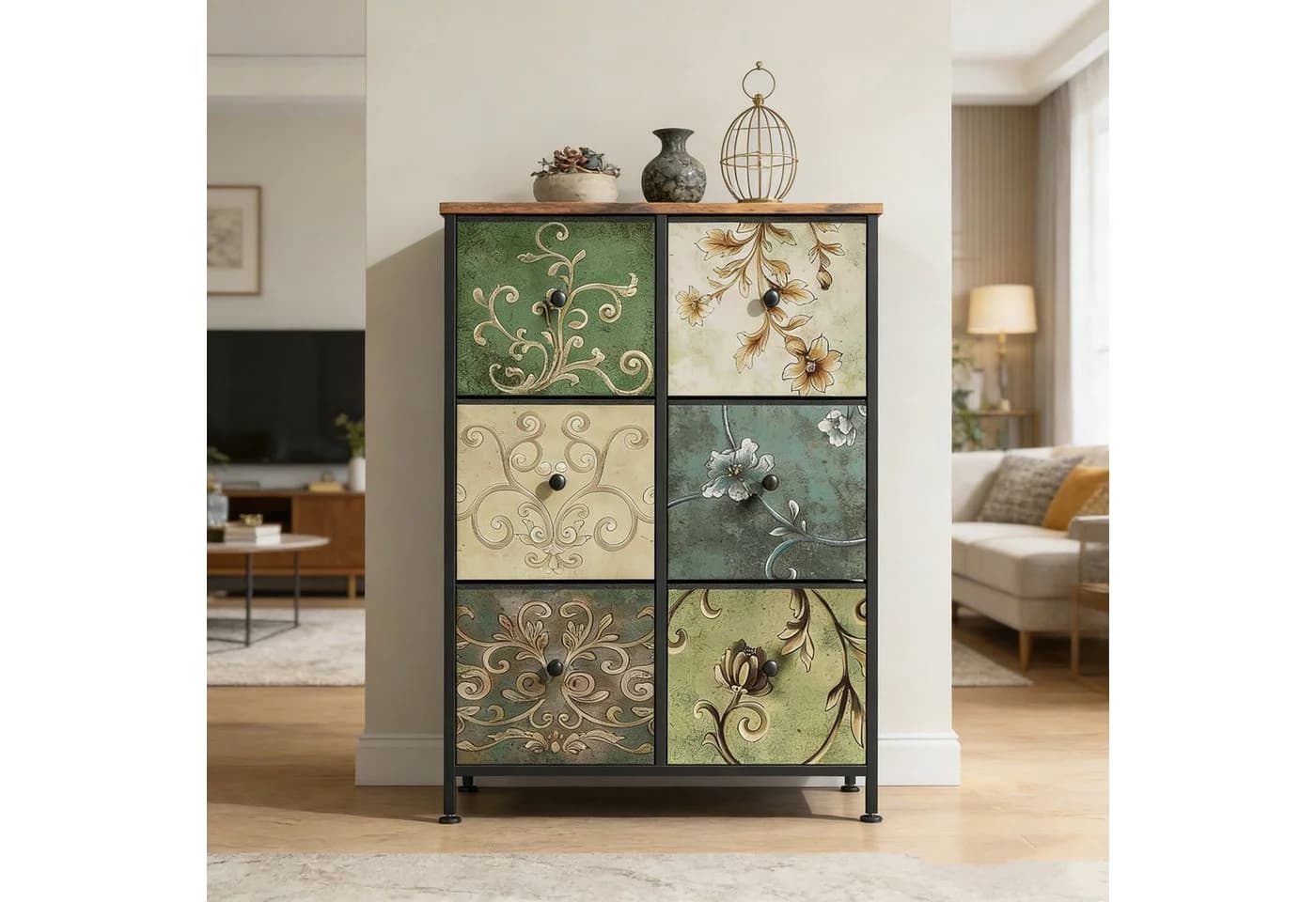 Simurq Kommode Sideboard Retro Stoff 6 Schubladen Stahlrahmen - Bild 2