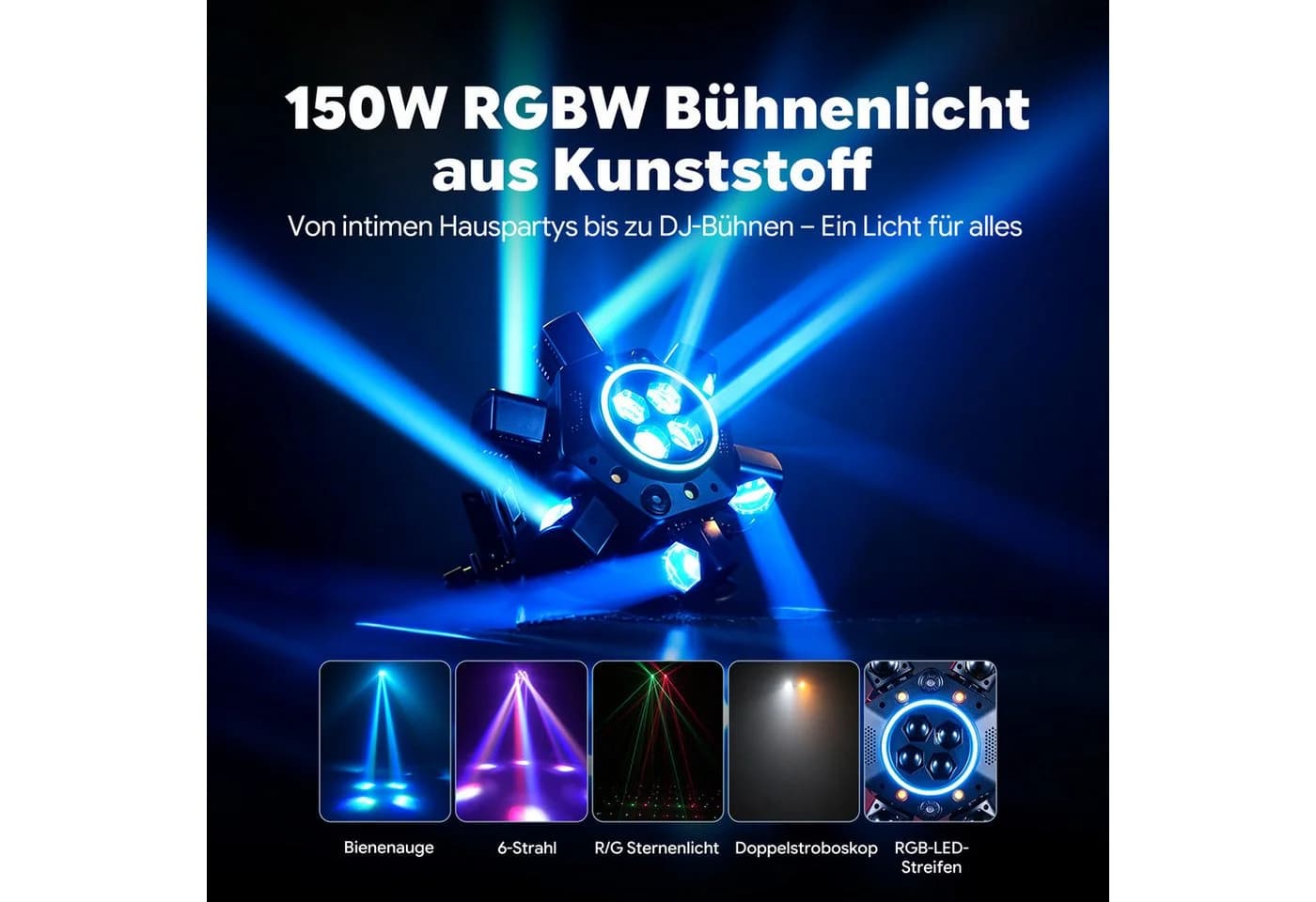 ZonQoonz Discolicht 150W 6-Arm Bühnenstrahllicht Schwarz