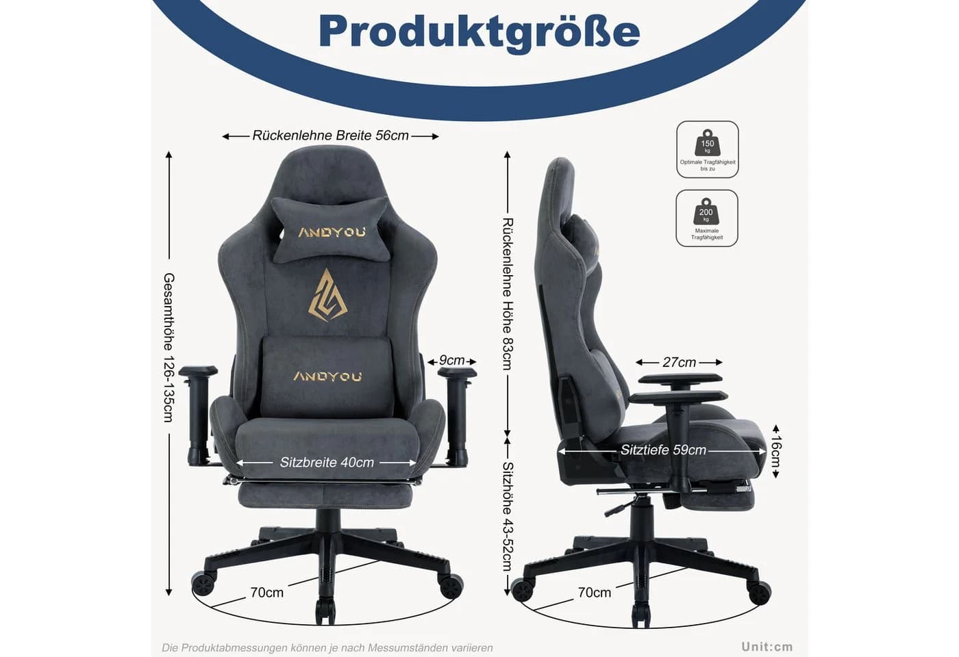 ANDYOU Gaming-Stuhl Alcantara Grau Ergonomisch 200kg - Bild 1