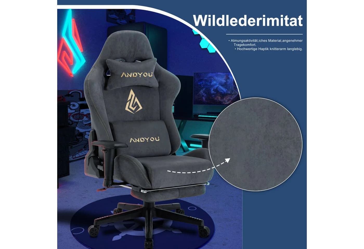 ANDYOU Gaming-Stuhl Alcantara Grau Ergonomisch 200kg - Bild 3