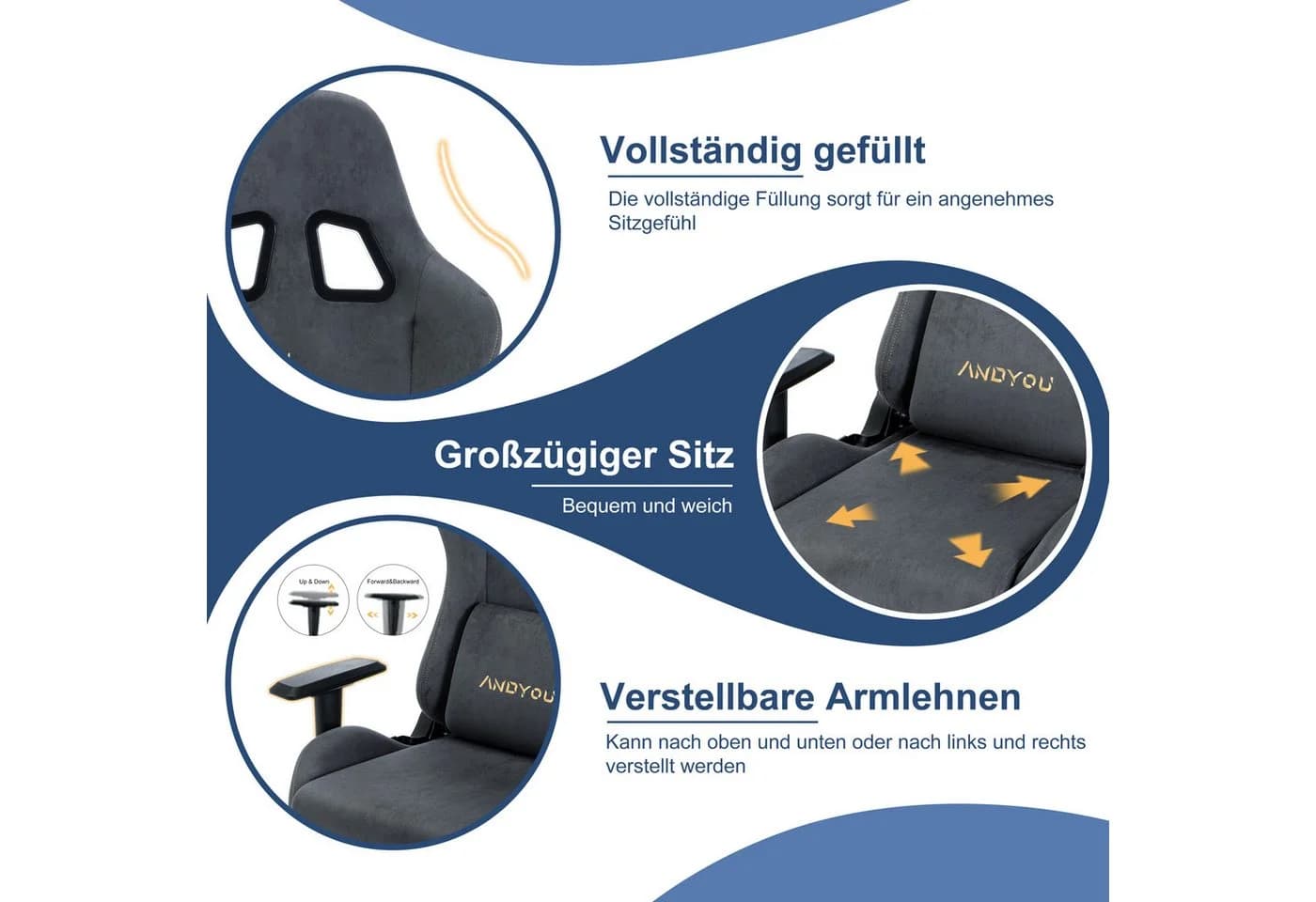ANDYOU Gaming-Stuhl Alcantara Grau Ergonomisch 200kg - Bild 4