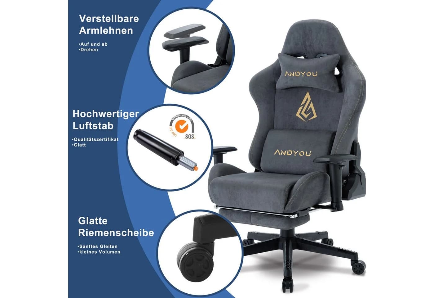 ANDYOU Gaming-Stuhl Alcantara Grau Ergonomisch 200kg - Bild 5