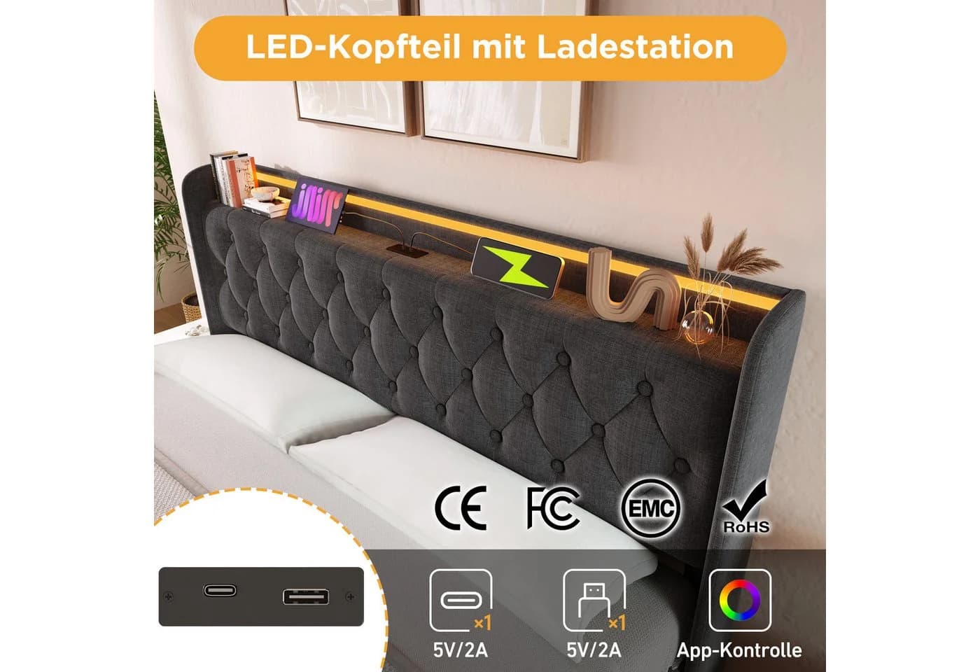 TavilaEcon Boxspringbett Grau 360° LED USB Typ-C - Bild 3
