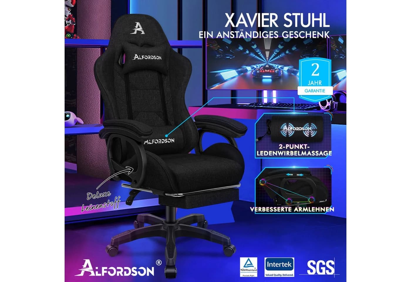 ALFORDSON Gaming-Stuhl mit Massage-Lordosenstütze, ergonomisch, höhenverstellbar, Stoffbezug, schwarz