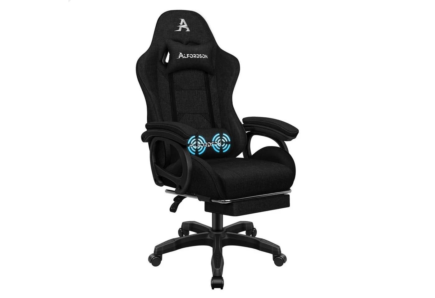 ALFORDSON Gaming-Stuhl mit Massage-Lordosenstütze, ergonomisch, höhenverstellbar, Stoffbezug, schwarz - Bild 2