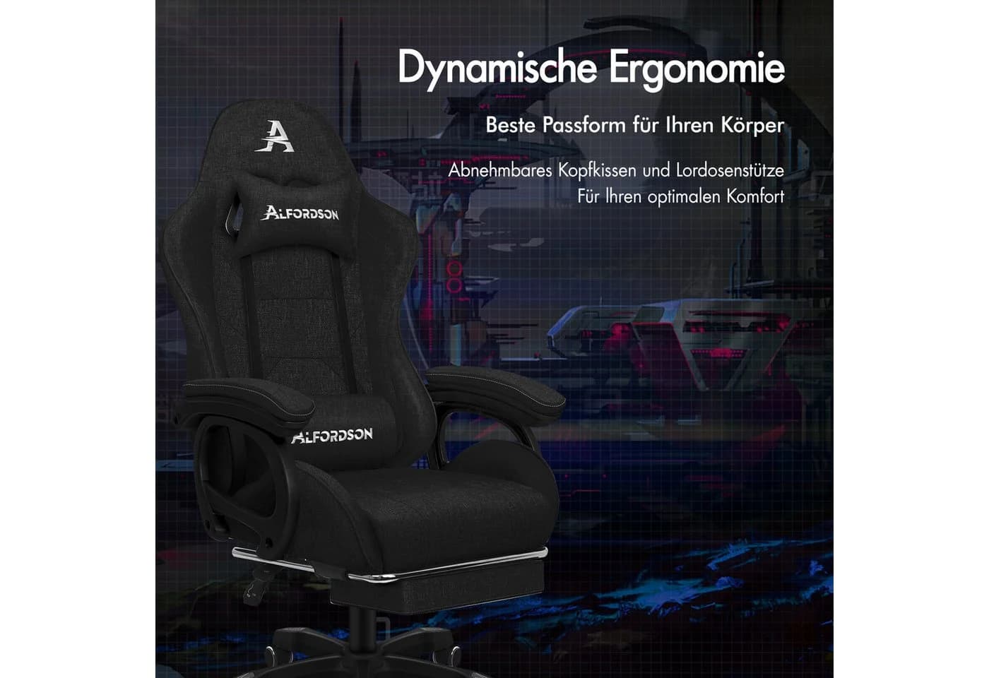 ALFORDSON Gaming-Stuhl mit Massage-Lordosenstütze, ergonomisch, höhenverstellbar, Stoffbezug, schwarz - Bild 3