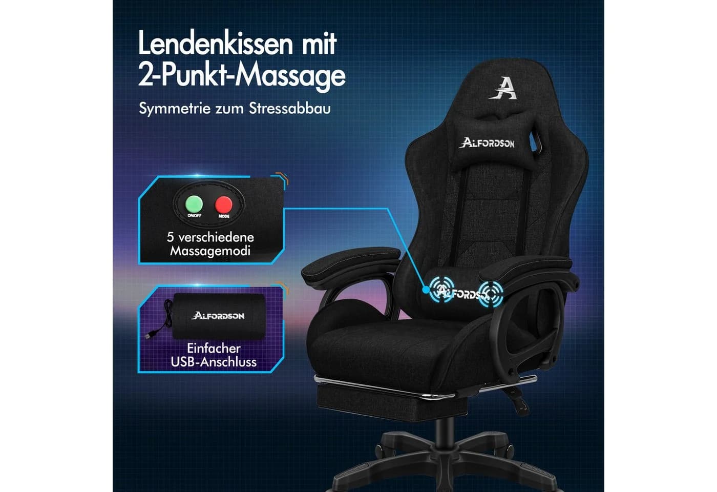 ALFORDSON Gaming-Stuhl mit Massage-Lordosenstütze, ergonomisch, höhenverstellbar, Stoffbezug, schwarz - Bild 5