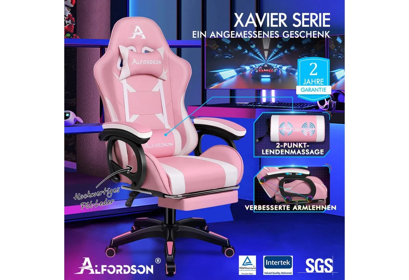 ALFORDSON Gaming-Stuhl mit Massage-Lendenkissen, X-Large, Rosa - Bild 3