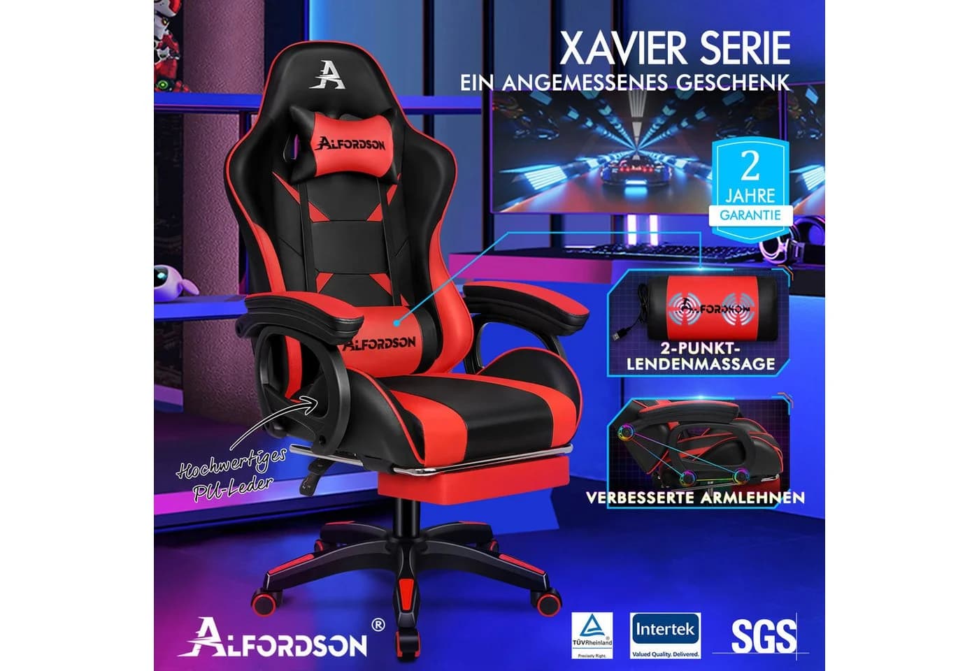 ALFORDSON Gaming-Stuhl mit Massage-Lendenkissen, X-Large, 5 Massagemodi, USB-Anschluss, Ergonomisch - Bild 3