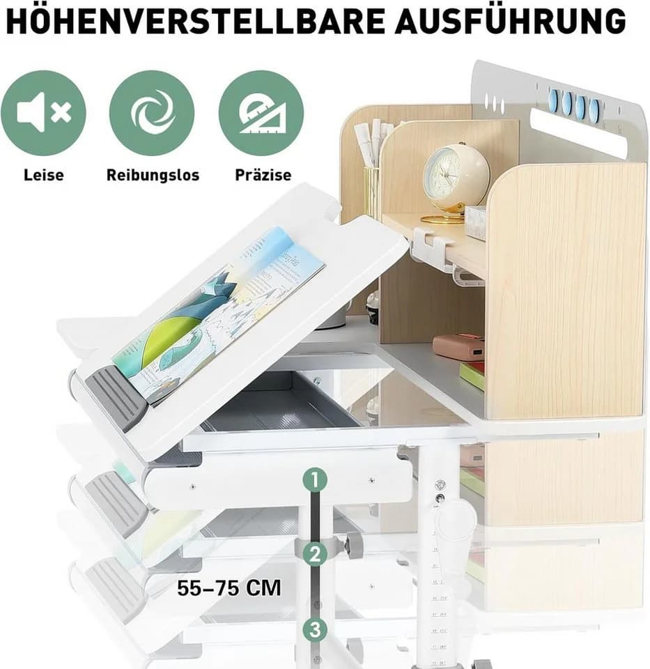 JOYLDIAS Kinderschreibtisch Höhenverstellbar mit Bücherregal und Schubladen - Bild 3
