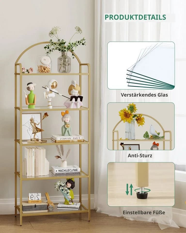 HZUANERI Regal Bücherregal Gold Gehärtetes Glas 5 Ablagen - Bild 3