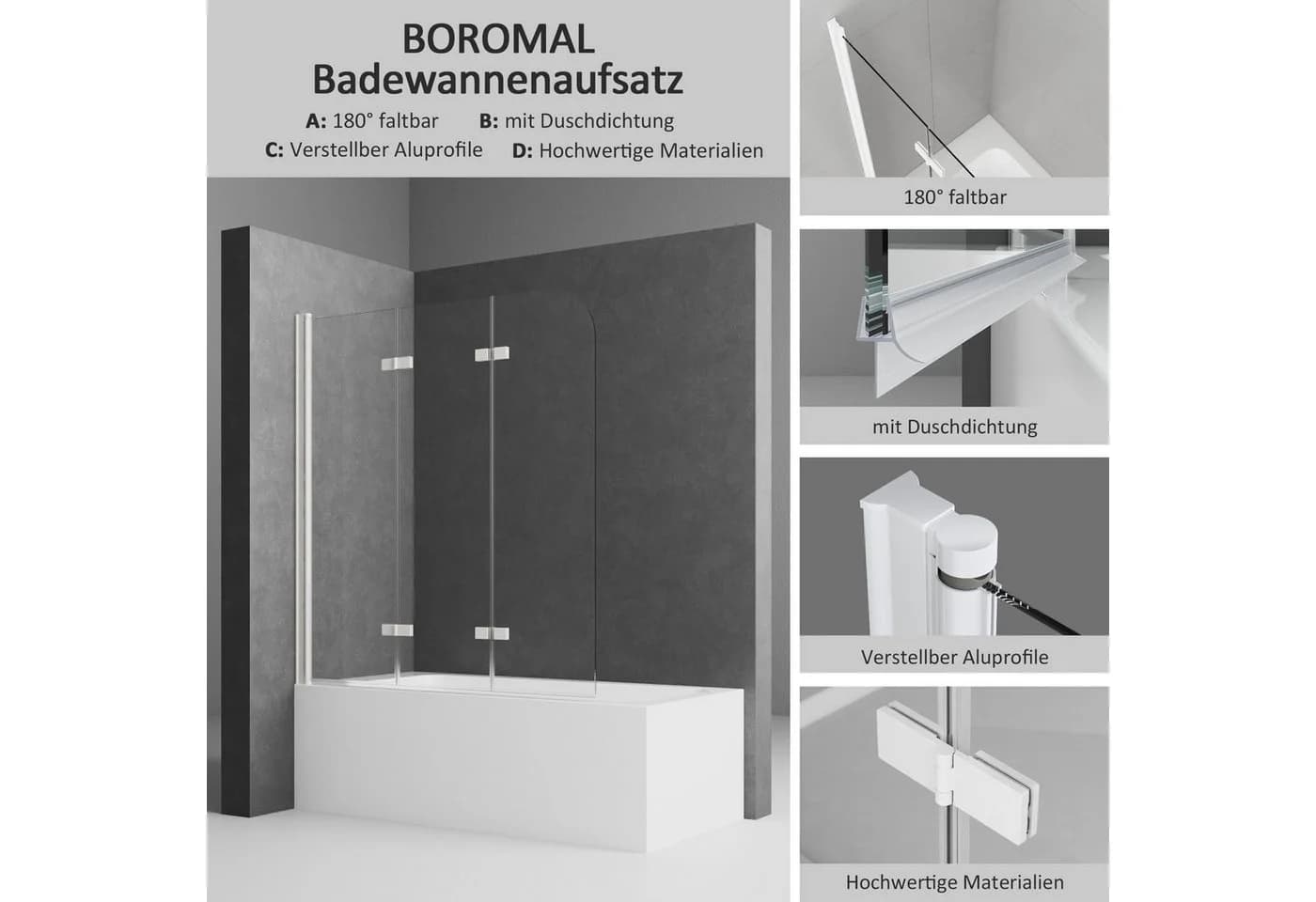 Boromal Badewannenaufsatz 3-teilig faltbar Nano Alu-Wandprofil Weiß/Schwarz/Silber - Bild 3