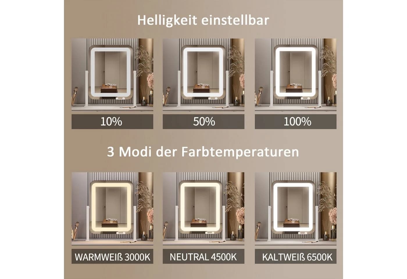 WDWRITTI Kosmetikspiegel mit LED-Beleuchtung und Handyhalterung - Bild 3