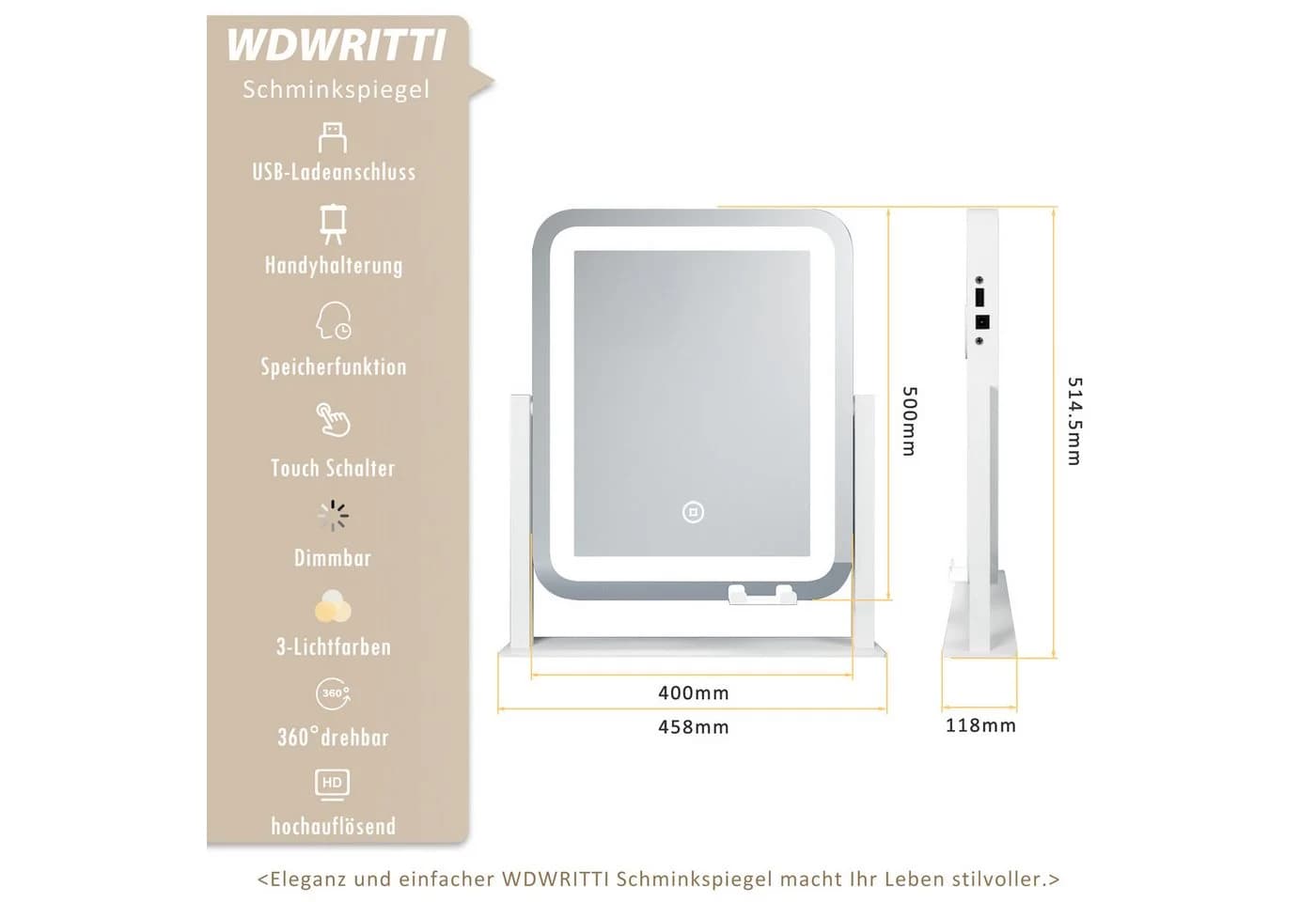 WDWRITTI Kosmetikspiegel mit LED-Beleuchtung und Handyhalterung - Bild 4