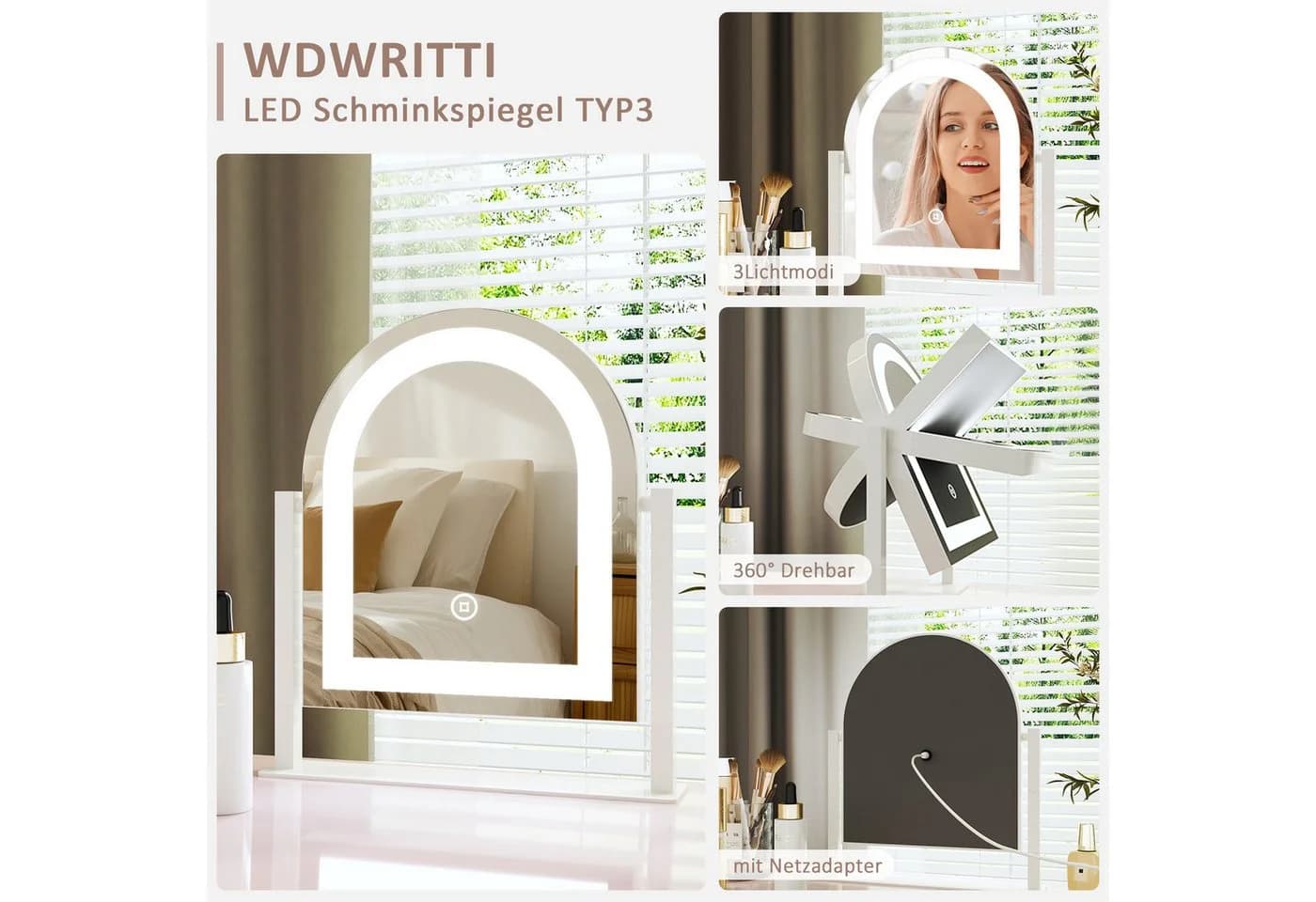 WDWRITTI LED Schminkspiegel 10x Vergrößerung Kalt/Neutral/Warmweiß Dimmbar - Bild 5