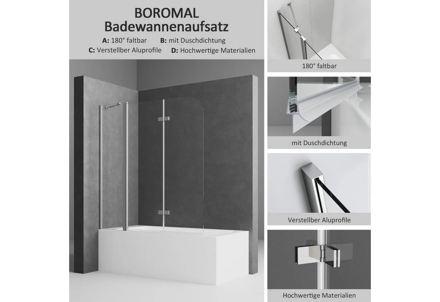 Boromal Badewannenaufsatz Duschwand 3-teilig 6mm ESG Klarglas - Bild 3