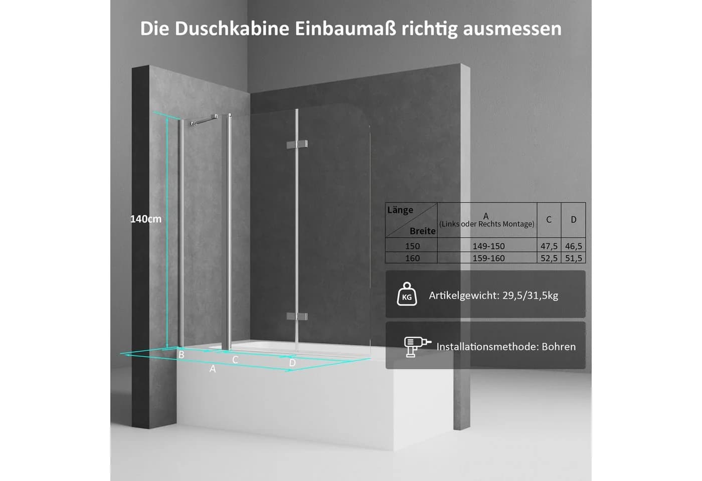 Boromal Badewannenaufsatz 160x140 150x140 Duschabtrennung mit Nano-Beschichtung - Bild 4