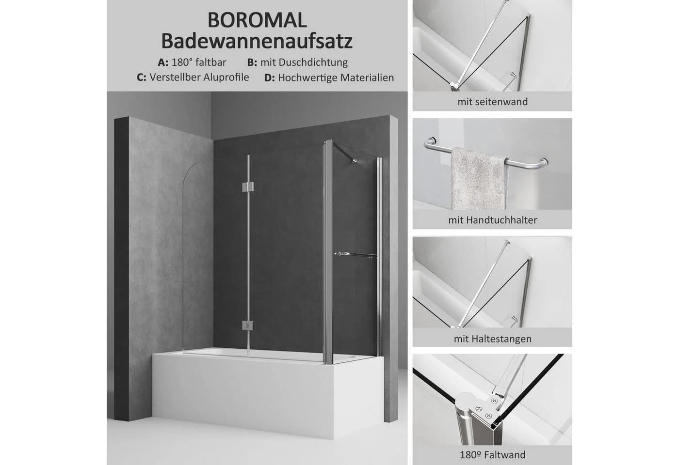 Boromal Badewannenaufsatz mit Seitenwand 120cm ESG Glas Nano - Bild 3