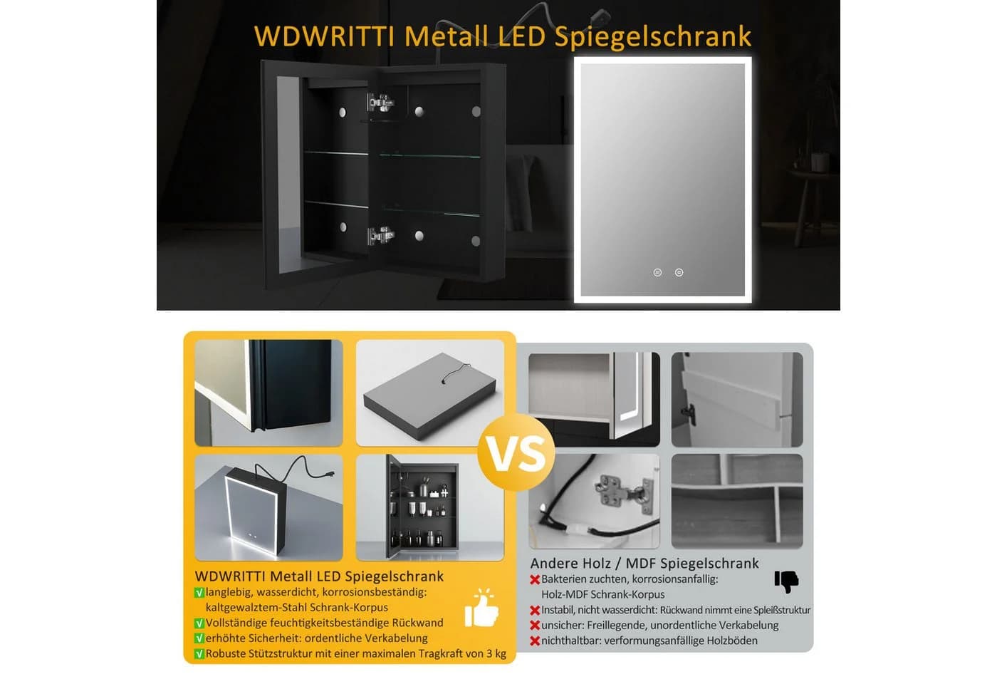 WDWRITTI Spiegelschrank Schwarz mit Beleuchtung 3Lichtfarben Dimmbar Anti-Fog