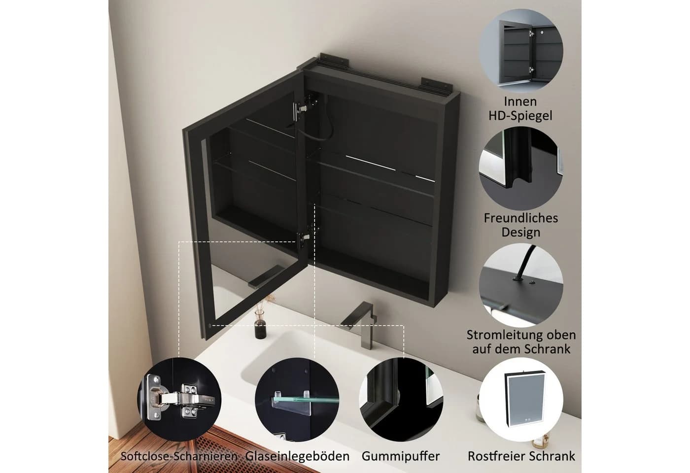 WDWRITTI Spiegelschrank Schwarz mit Beleuchtung 3Lichtfarben Dimmbar Anti-Fog - Bild 4