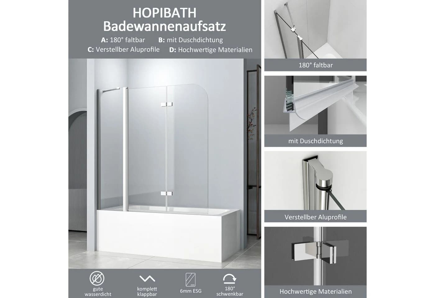 Hopibath Badewannenfaltwand 3-teilig Duschwand 150cm/160cm 6mm Nano Glas