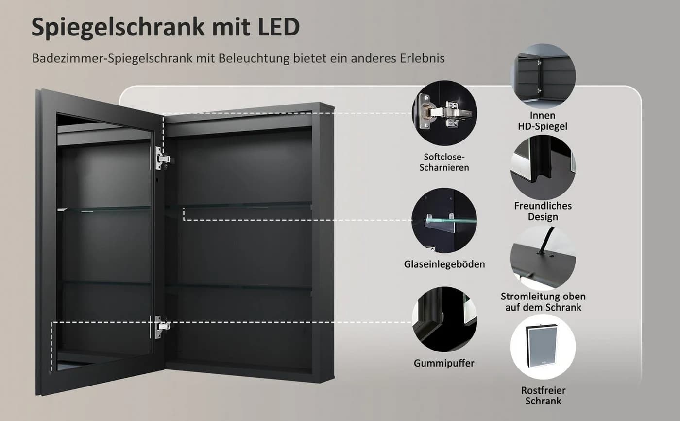 WDWRITTI LED Spiegelschrank Schwarz 3 Lichtmodi Dimmbar - Bild 5