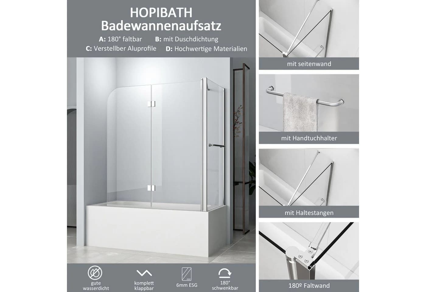 Hopibath Badewannenfaltwand mit Seitenwand 120cm 75cm ESG Glas Nano - Bild 3