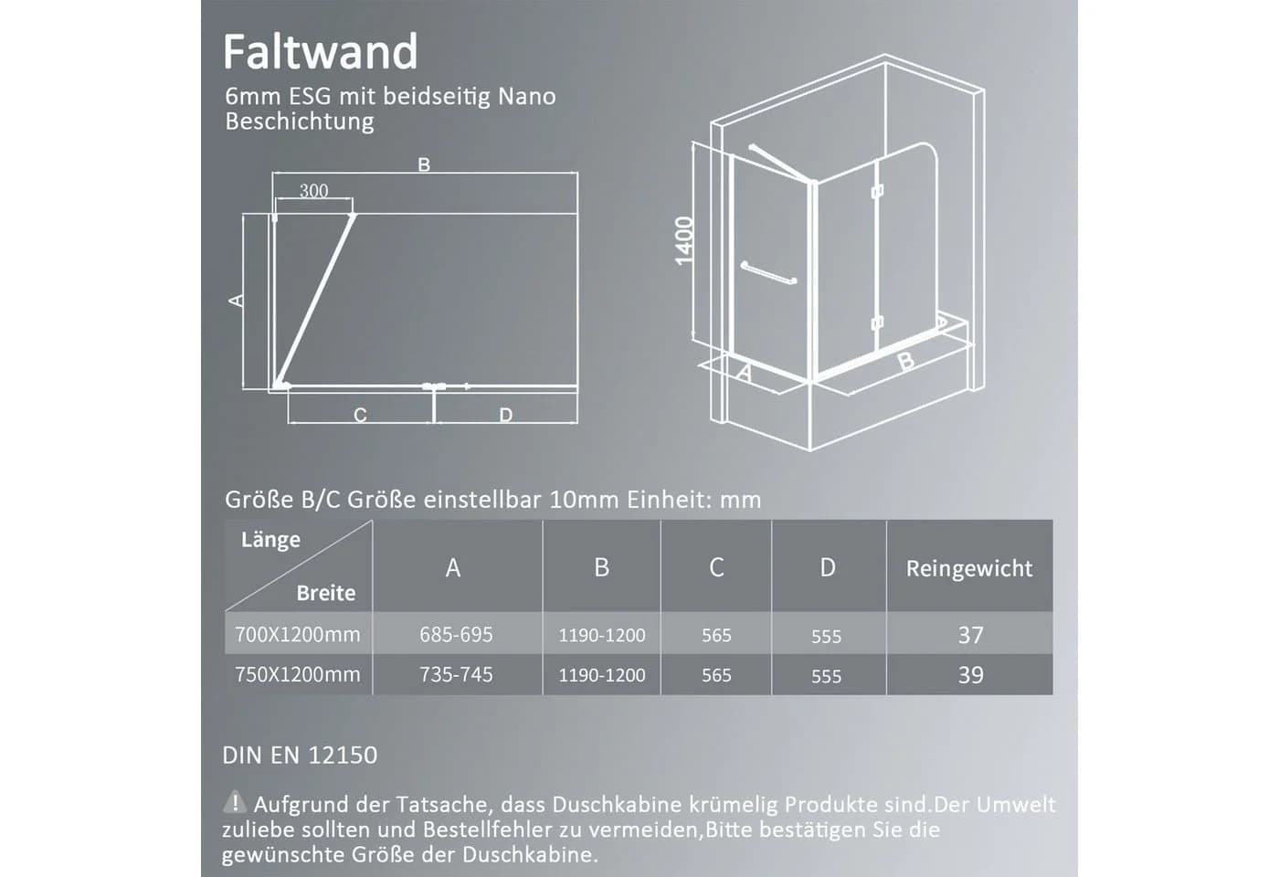 Hopibath Badewannenfaltwand mit Seitenwand 120cm 75cm ESG Glas Nano - Bild 4