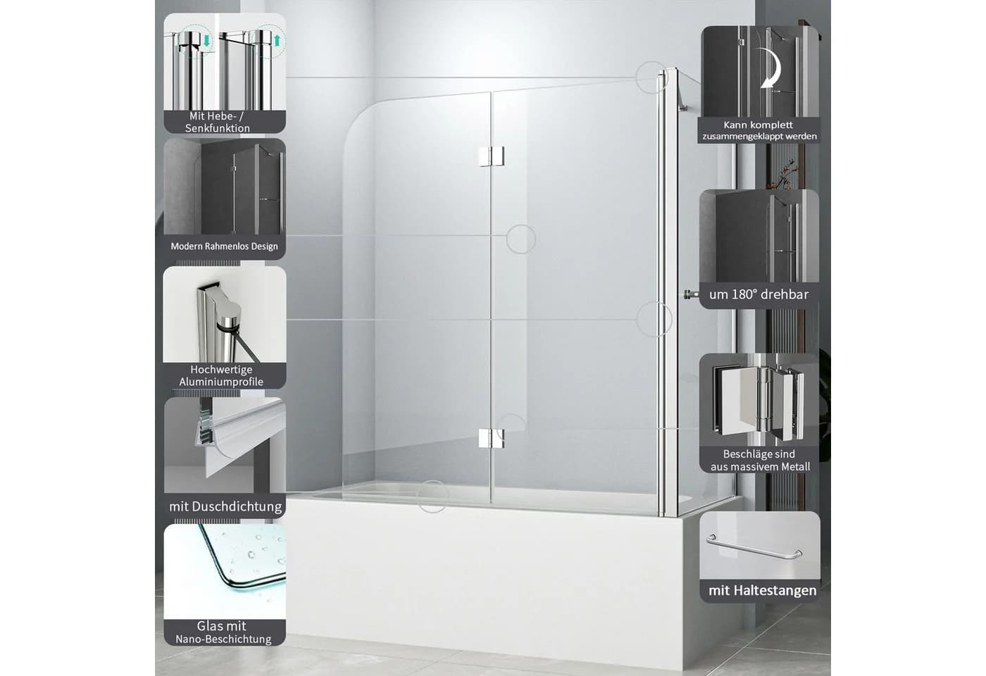 Hopibath Badewannenfaltwand 2-teilig 6mm ESG Glas mit Nano-Beschichtung - Bild 3