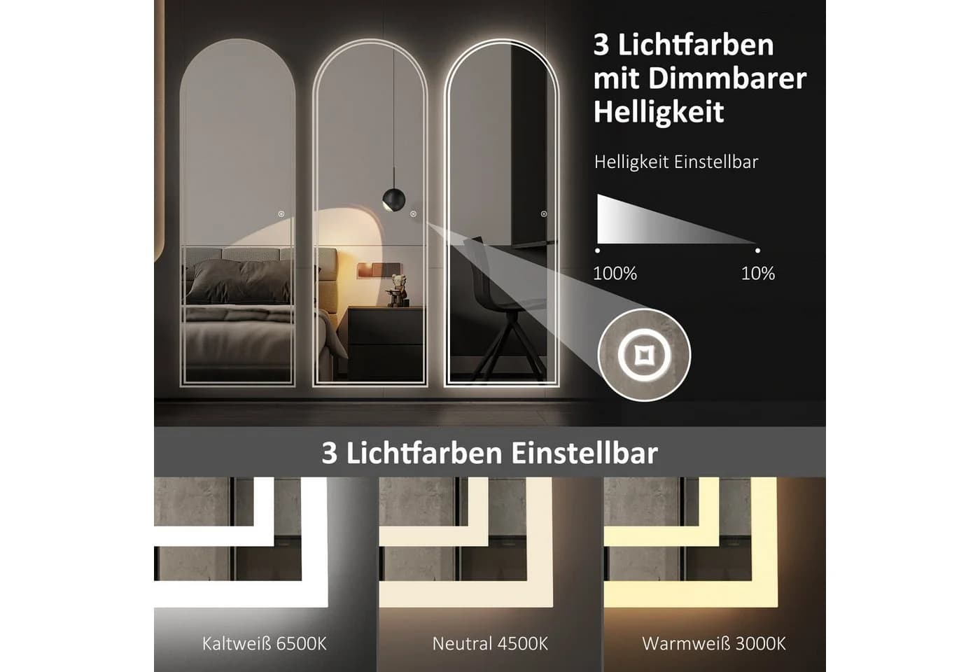 WDWRITTI LED Ganzkörperspiegel 165x60 cm, Dimmbar, 3 Lichtfarben - Bild 3