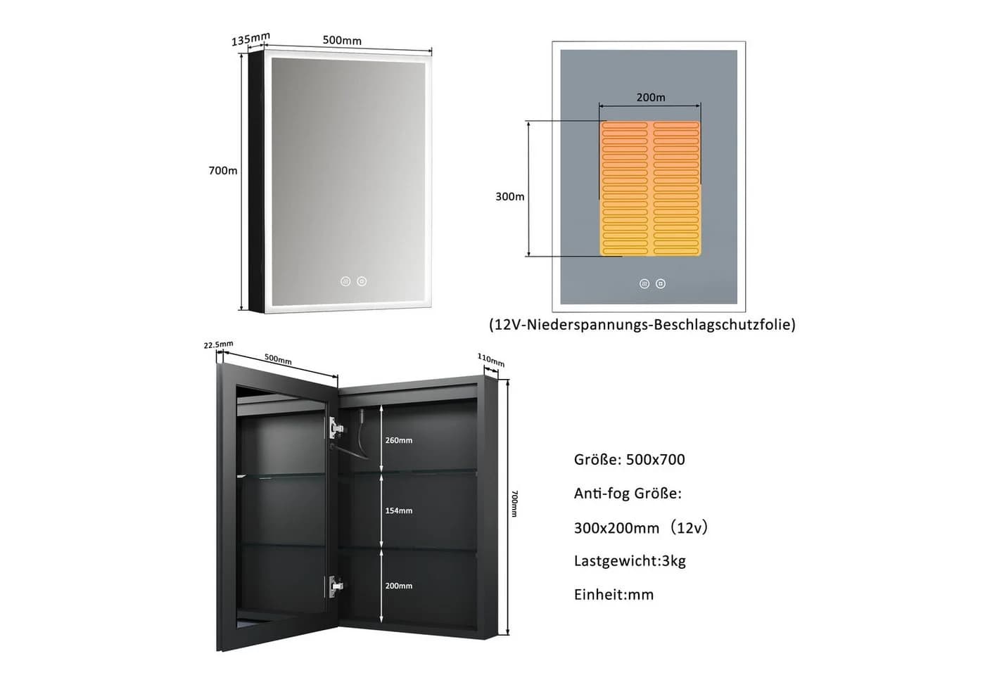 WDWRITTI Badspiegel mit Schrank Spiegelschrank mit Licht für Badezimmer 50x70cm 3 Lichtmodi Dimmbar Anti-Fog Memory