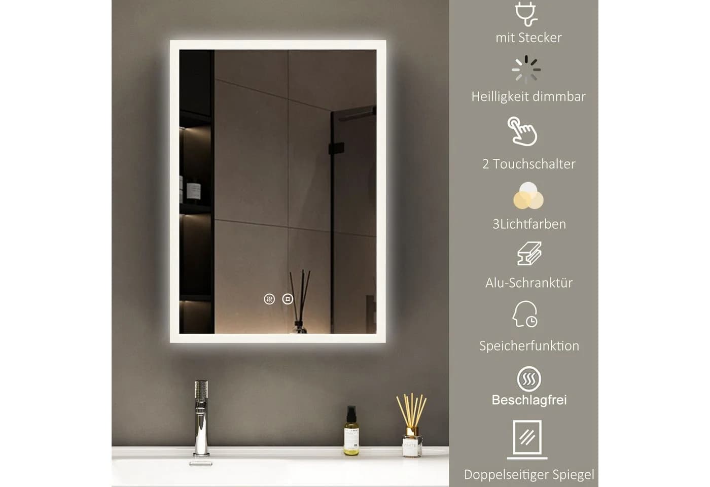 WDWRITTI Badspiegel mit Schrank Spiegelschrank mit Licht für Badezimmer 50x70cm 3 Lichtmodi Dimmbar Anti-Fog Memory - Bild 3