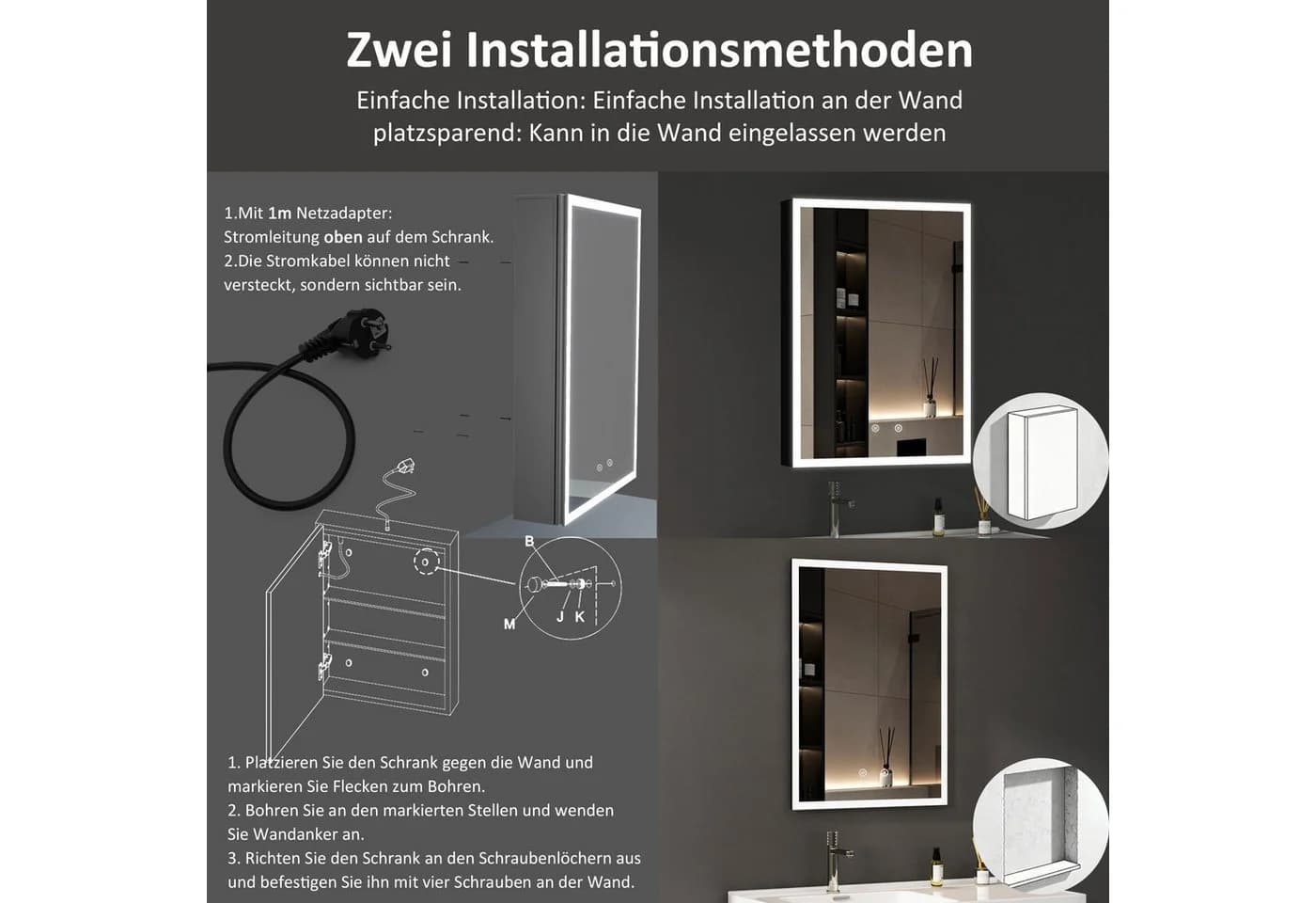 WDWRITTI Badspiegel mit Schrank Spiegelschrank mit Licht für Badezimmer 50x70cm 3 Lichtmodi Dimmbar Anti-Fog Memory - Bild 4